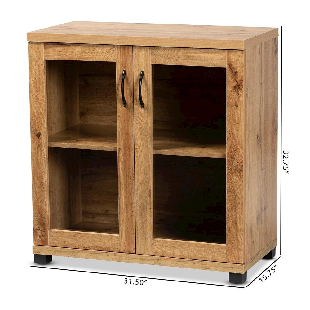 Oak Brown Finished Wood 2-Door Storage Cabinet with Glass Doors