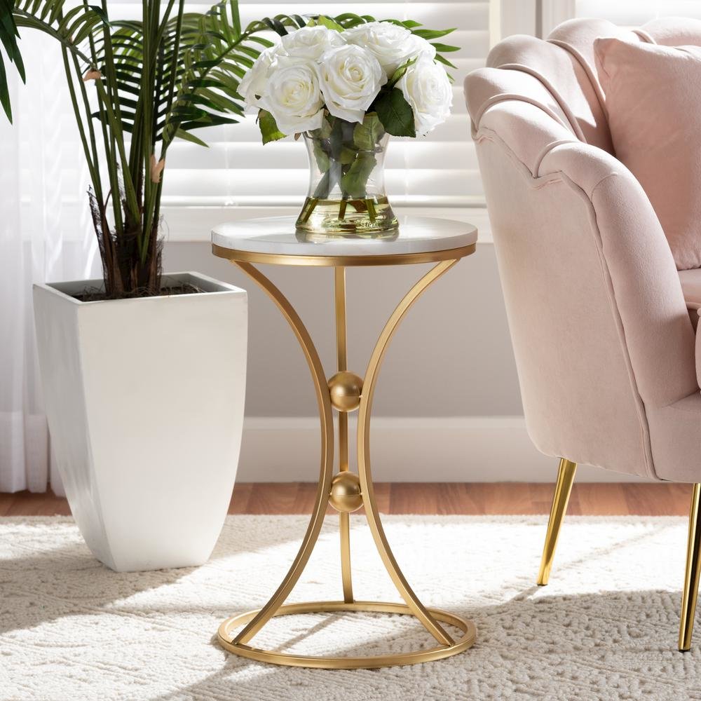 Gold Finished Metal End Table with Marble Tabletop