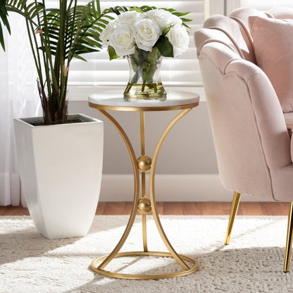 Gold Finished Metal End Table with Marble Tabletop