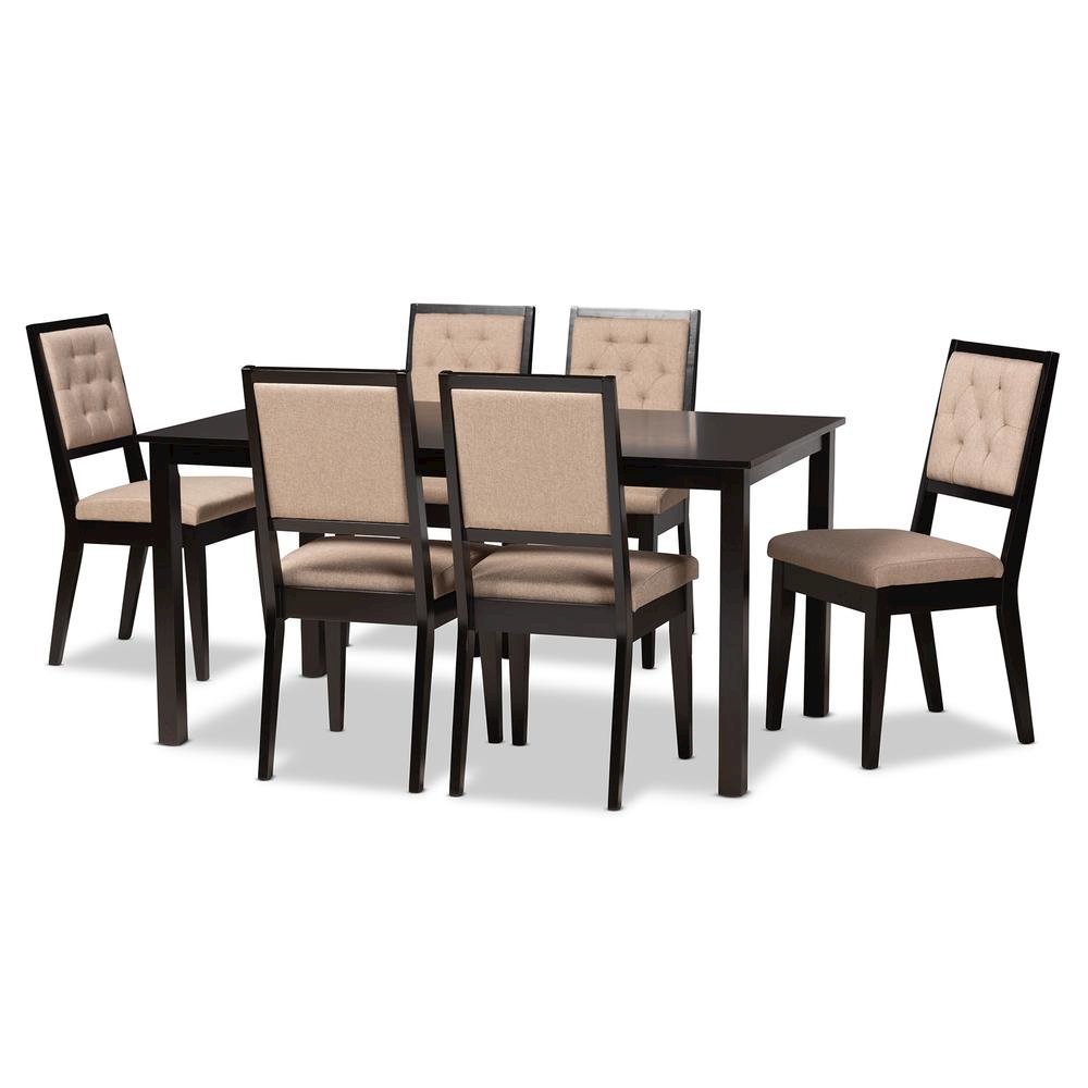 Sand Fabric Upholstered and Dark Brown Finished Wood 7-Piece Dining Set