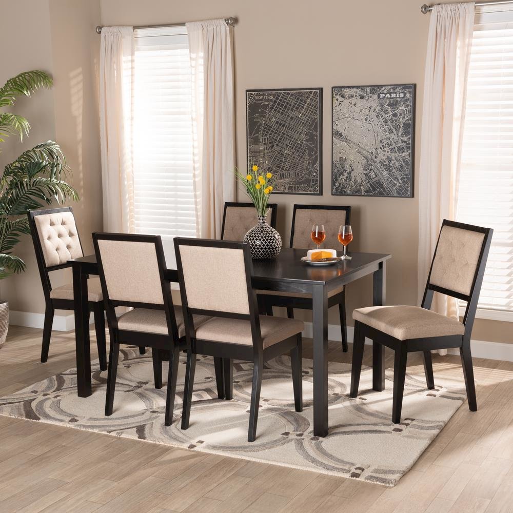 Sand Fabric Upholstered and Dark Brown Finished Wood 7-Piece Dining Set