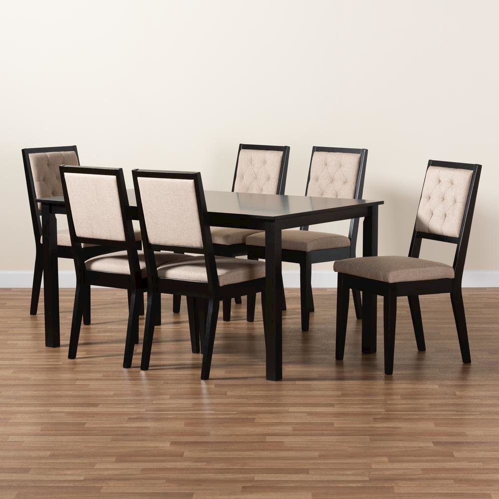 Sand Fabric Upholstered and Dark Brown Finished Wood 7-Piece Dining Set