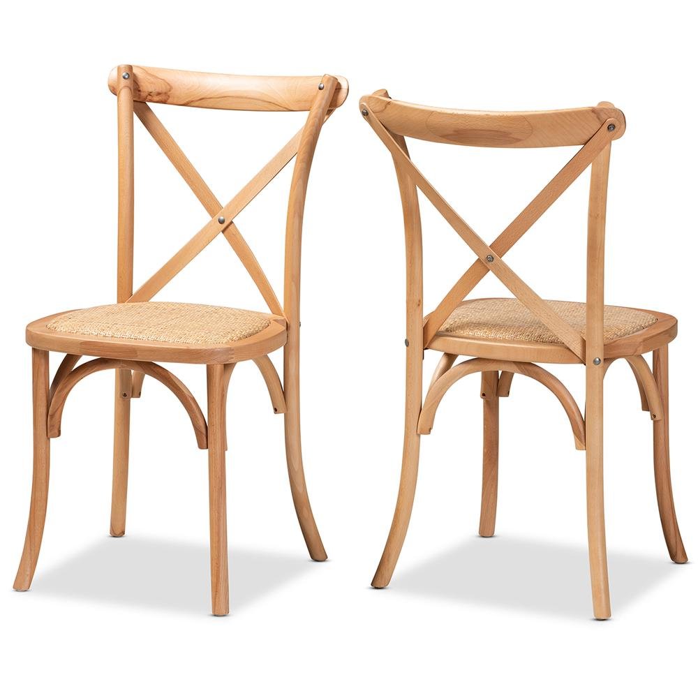 Tartan Mid-Century Modern Brown Woven Rattan and Wood 2-Piece Dining Chair Set
