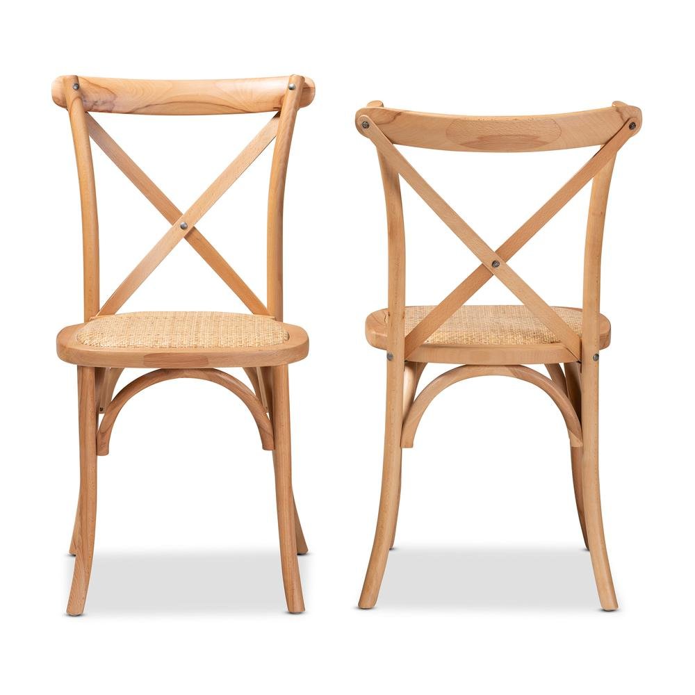 Tartan Mid-Century Modern Brown Woven Rattan and Wood 2-Piece Dining Chair Set