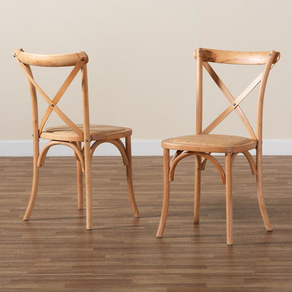 Tartan Mid-Century Modern Brown Woven Rattan and Wood 2-Piece Dining Chair Set