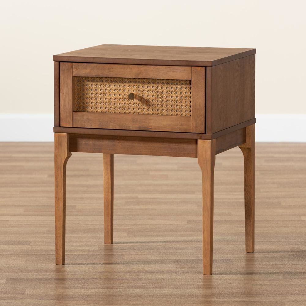 Ash Walnut Finished Wood and Rattan 1-Drawer Nightstand