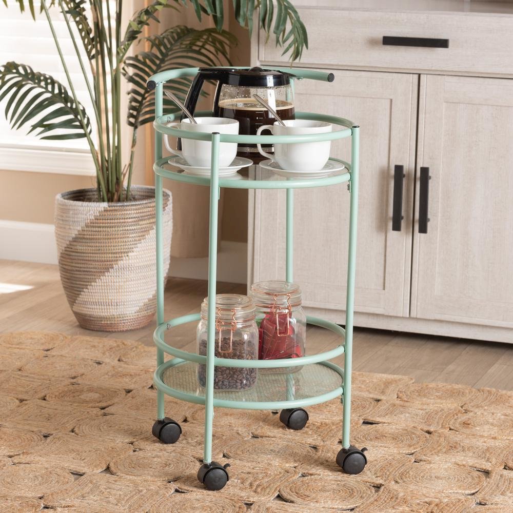 Newell Mid-Century Modern Mint Green Finished Metal 2-Tier Kitchen Cart