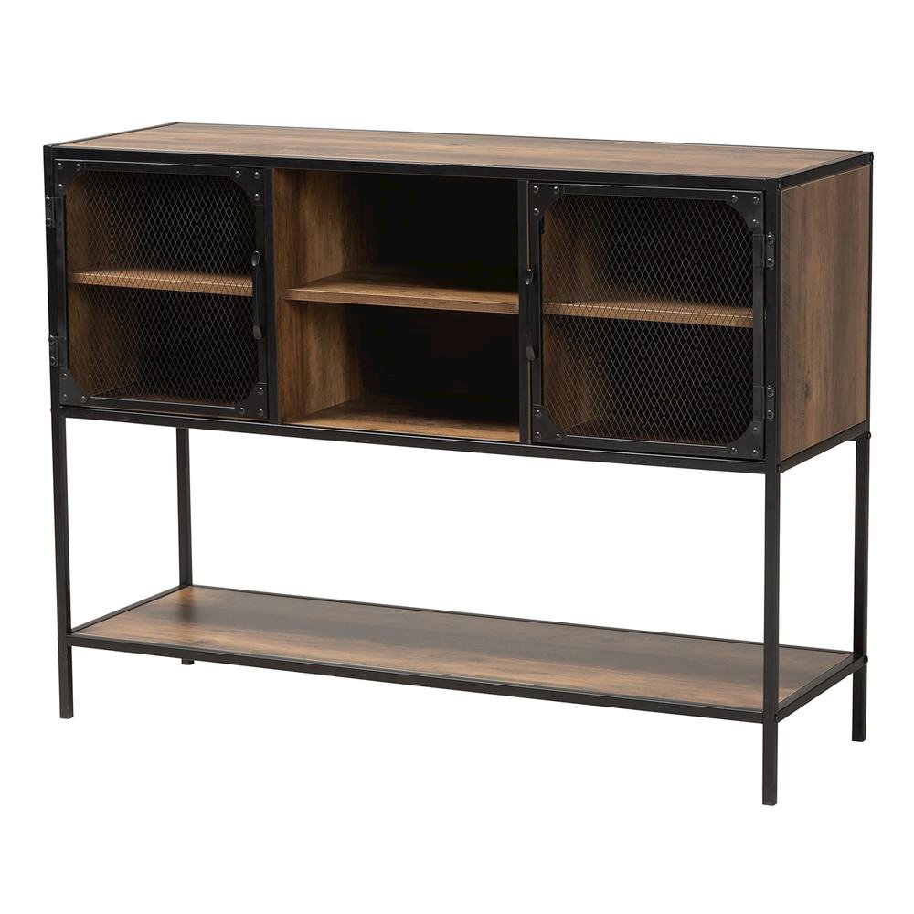 Industrial Walnut Brown Finished Wood and Black Metal 2-Door Sideboard