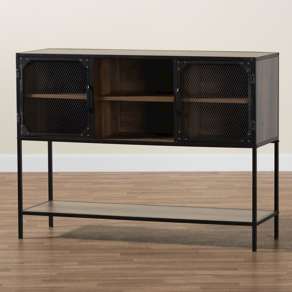 Industrial Walnut Brown Finished Wood and Black Metal 2-Door Sideboard