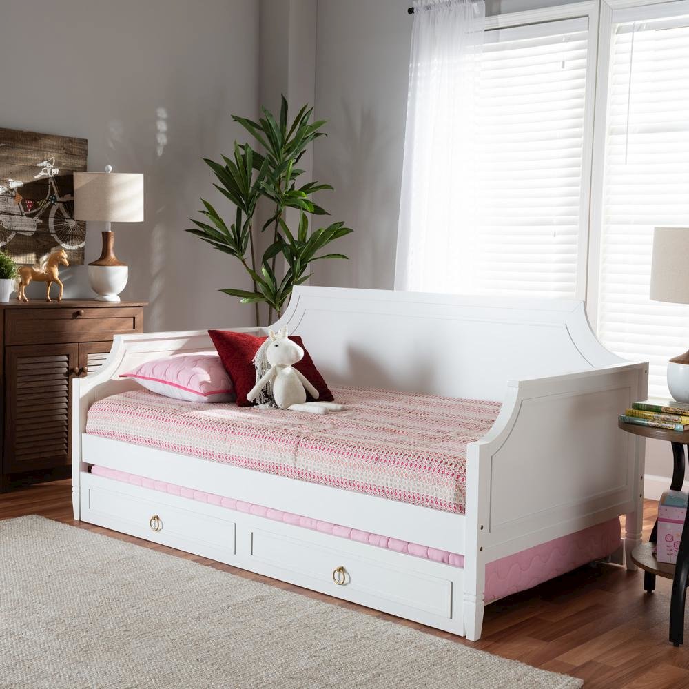 Traditional White Finished Wood Full Size Daybed with Twin Size trundle