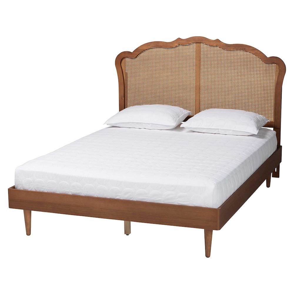 Camden Mid-Century Walnut Brown Wood and Rattan Queen Size Platform Bed