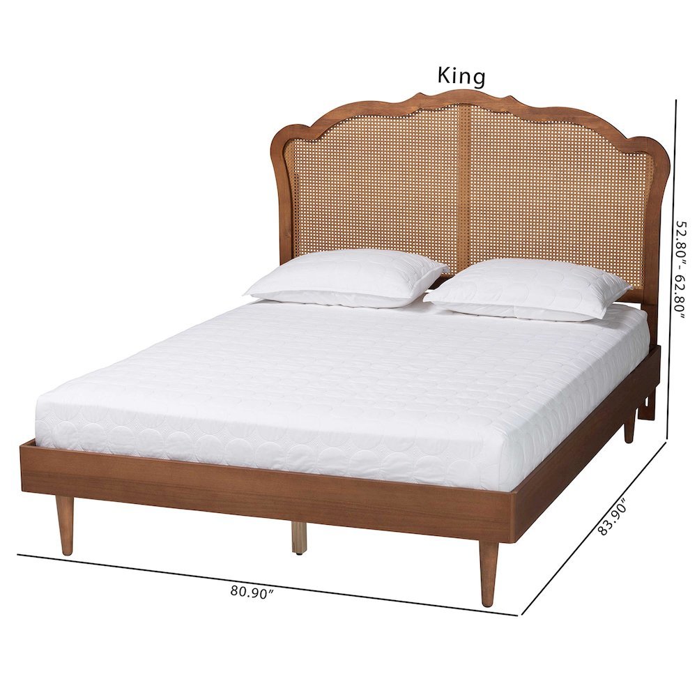 Camden Mid-Century Walnut Brown Wood and Rattan Queen Size Platform Bed