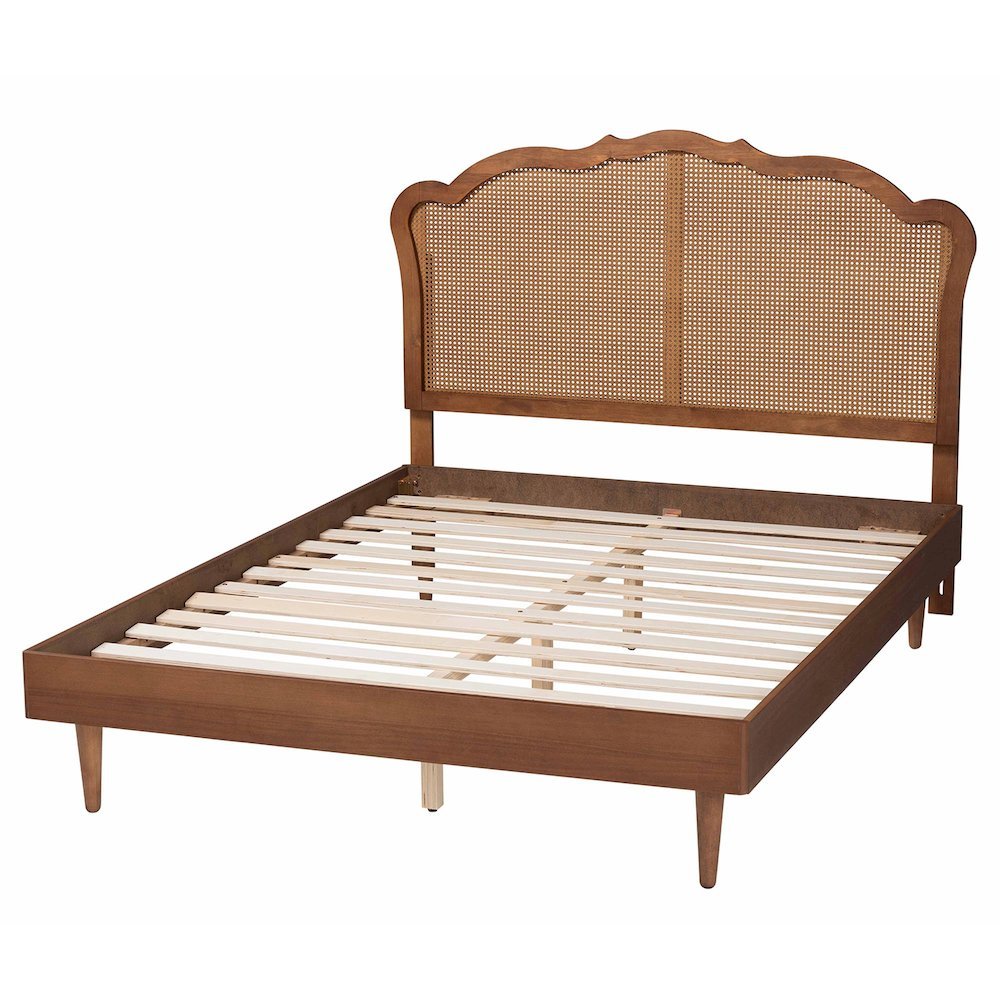 Camden Mid-Century Walnut Brown Wood and Rattan Queen Size Platform Bed