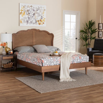 Camden Mid-Century Walnut Brown Wood and Rattan Queen Size Platform Bed