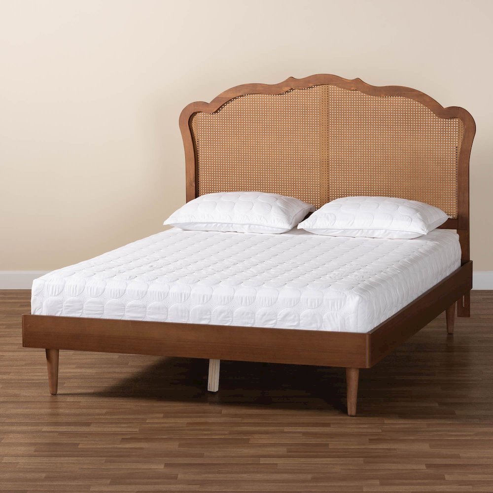 Camden Mid-Century Walnut Brown Wood and Rattan Queen Size Platform Bed