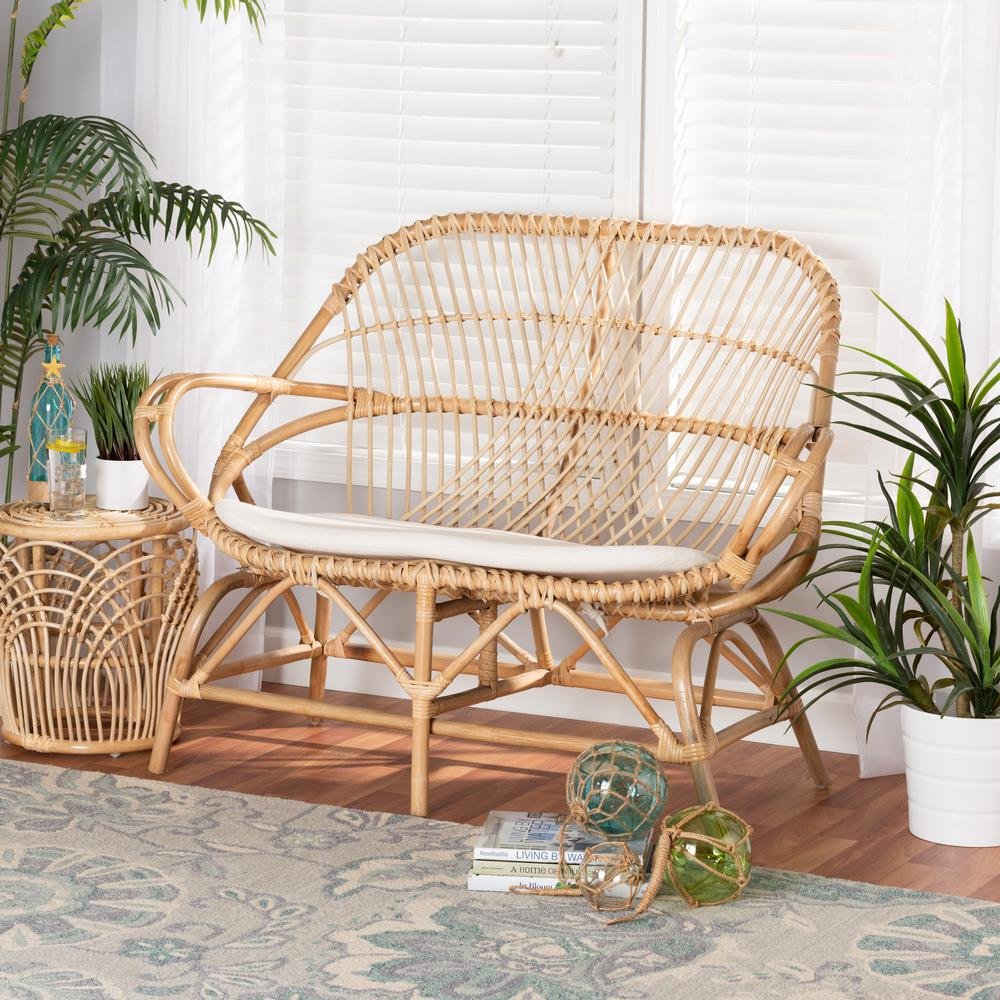 Bohemian White Fabric Upholstered and Natural Brown Finished Rattan Loveseat