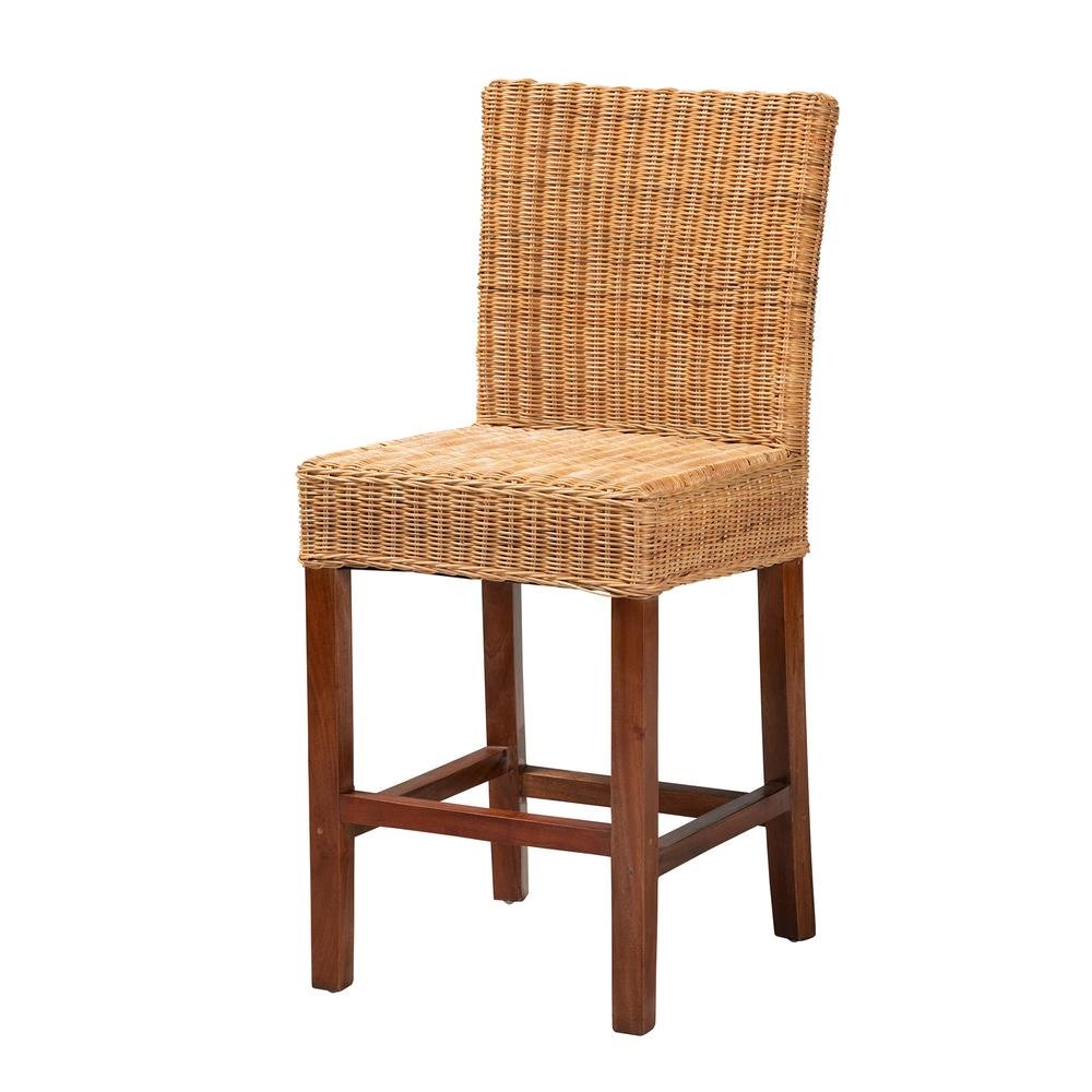 Bohemian Natural Rattan and Mahogany Wood Counter Stool