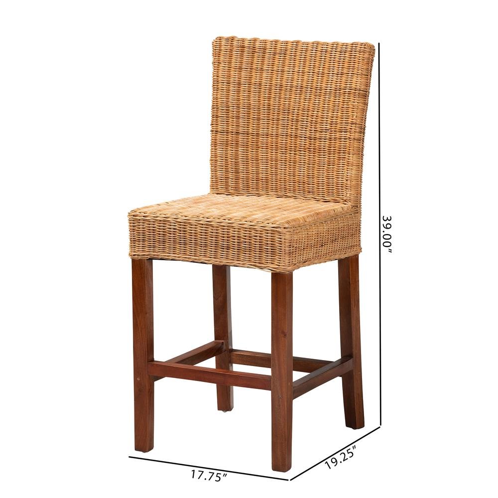 Bohemian Natural Rattan and Mahogany Wood Counter Stool
