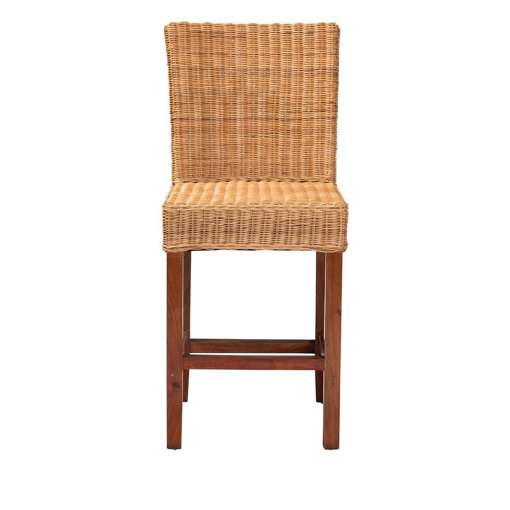 Bohemian Natural Rattan and Mahogany Wood Counter Stool