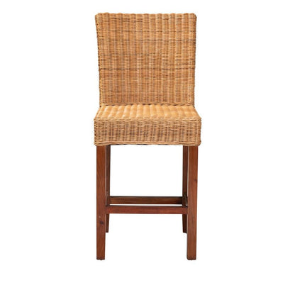 Bohemian Natural Rattan and Mahogany Wood Counter Stool