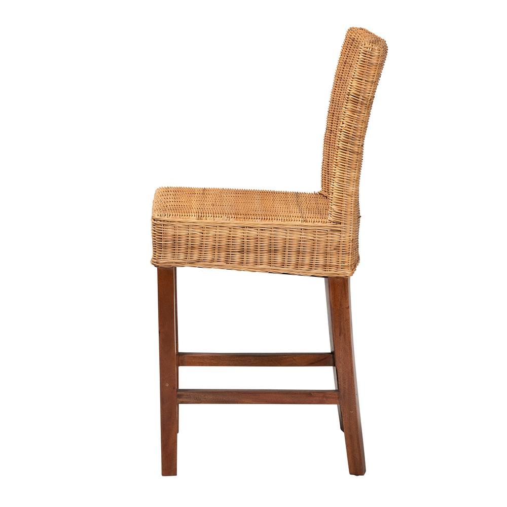 Bohemian Natural Rattan and Mahogany Wood Counter Stool