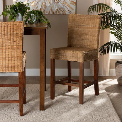Bohemian Natural Rattan and Mahogany Wood Counter Stool