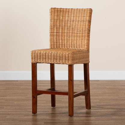 Bohemian Natural Rattan and Mahogany Wood Counter Stool