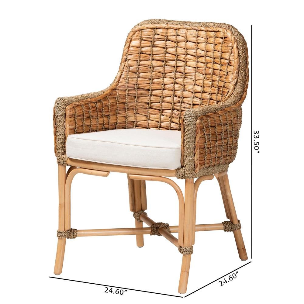 Bohemian Natural Brown Woven Rattan Dining Arm Chair with Cushion