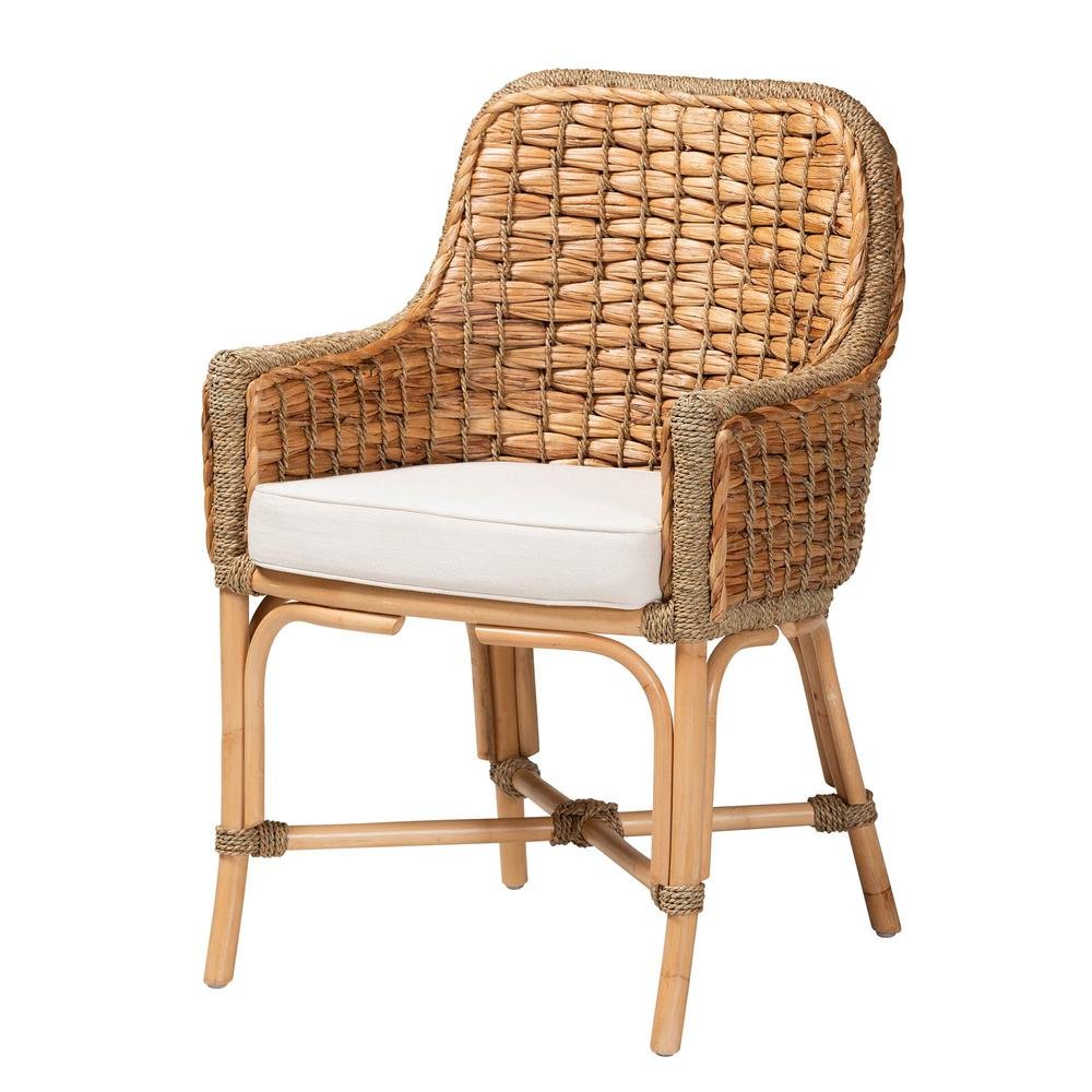 Bohemian Natural Brown Woven Rattan Dining Arm Chair with Cushion
