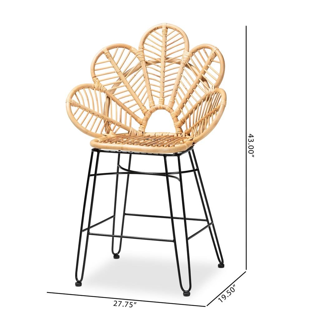 Bohemian Natural Brown Rattan and Black Metal Counter Stool