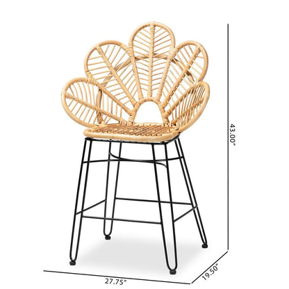 Bohemian Natural Brown Rattan and Black Metal Counter Stool
