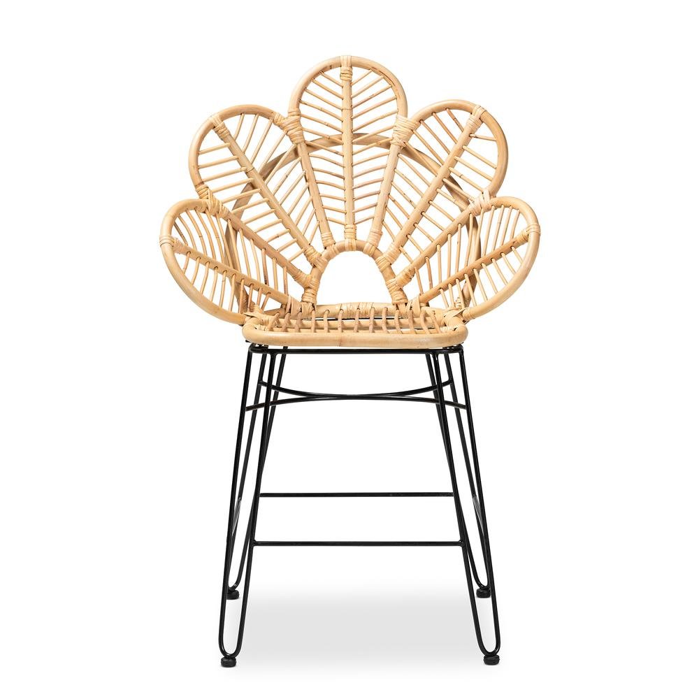 Bohemian Natural Brown Rattan and Black Metal Counter Stool
