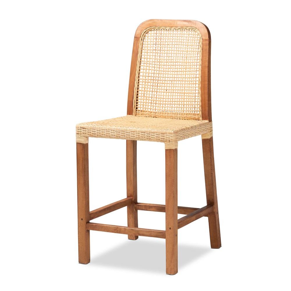 Walnut Brown Mahogany Wood and Natural Rattan Counter Stool