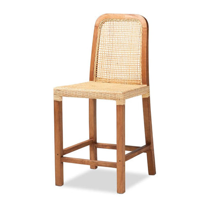 Walnut Brown Mahogany Wood and Natural Rattan Counter Stool