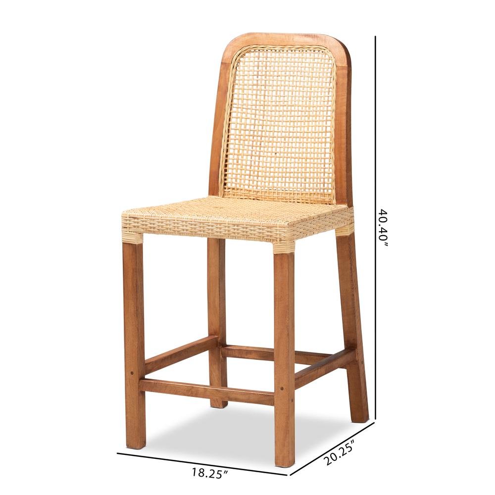 Walnut Brown Mahogany Wood and Natural Rattan Counter Stool