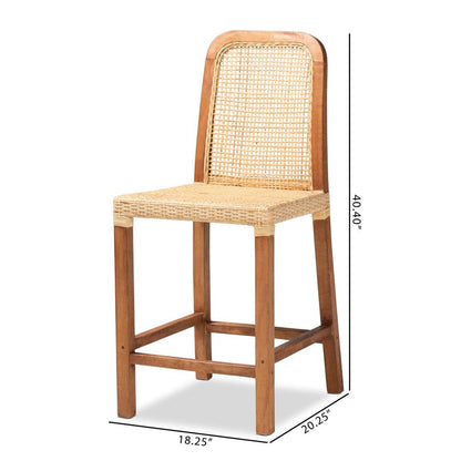 Walnut Brown Mahogany Wood and Natural Rattan Counter Stool