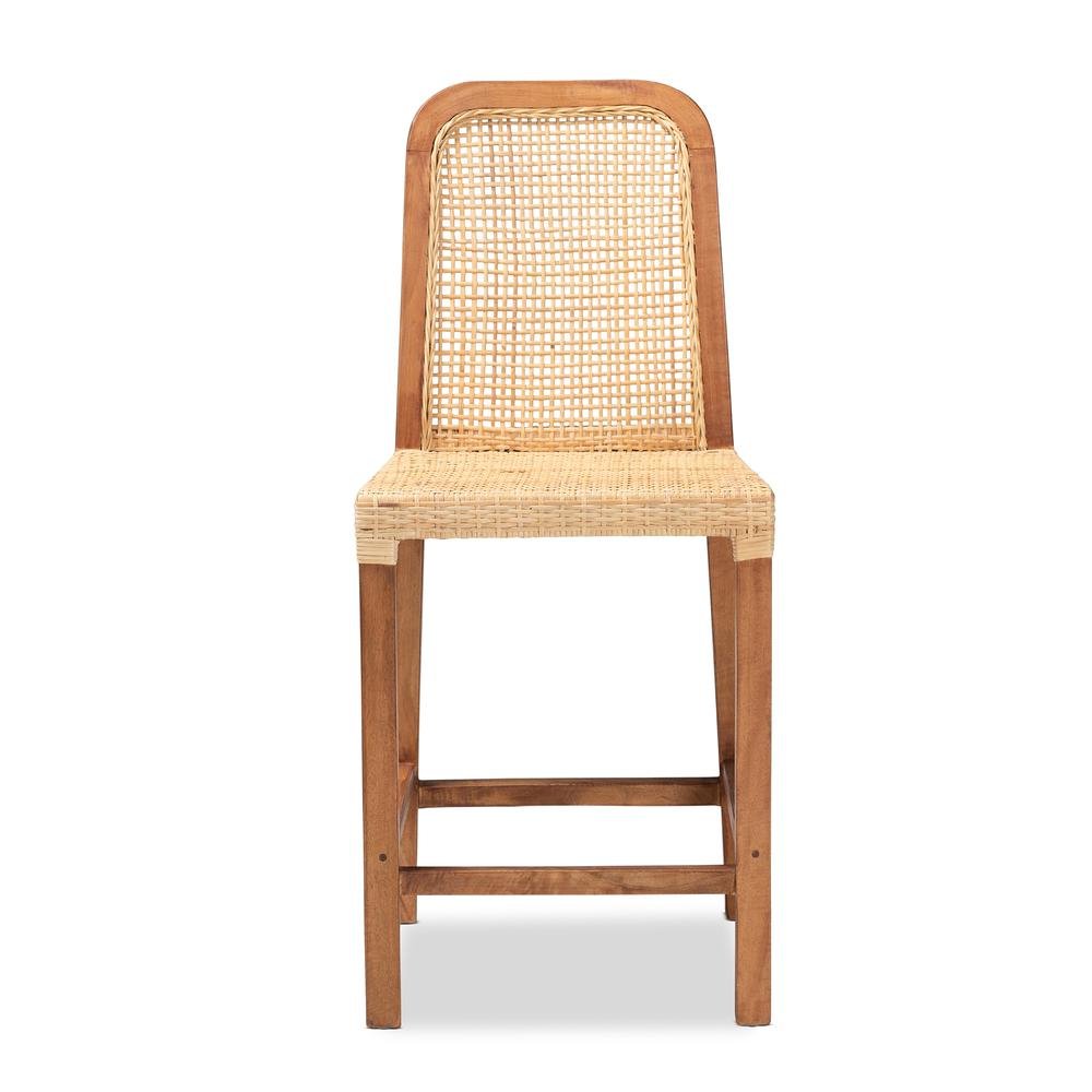 Walnut Brown Mahogany Wood and Natural Rattan Counter Stool