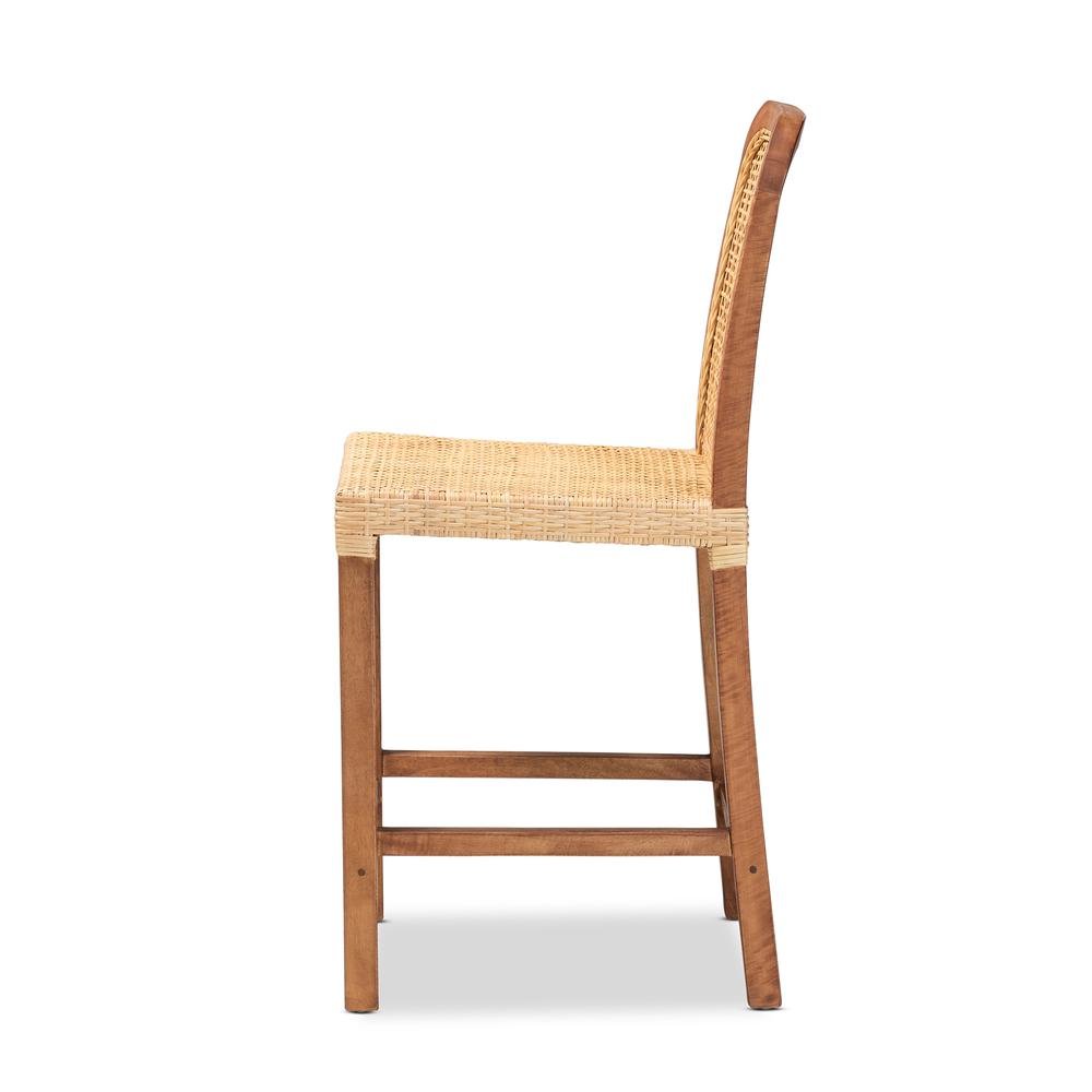 Walnut Brown Mahogany Wood and Natural Rattan Counter Stool