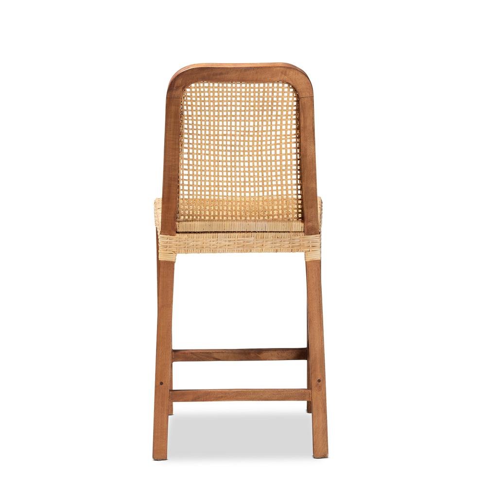Walnut Brown Mahogany Wood and Natural Rattan Counter Stool
