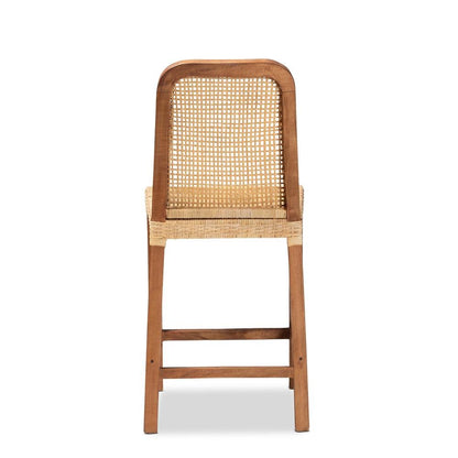 Walnut Brown Mahogany Wood and Natural Rattan Counter Stool