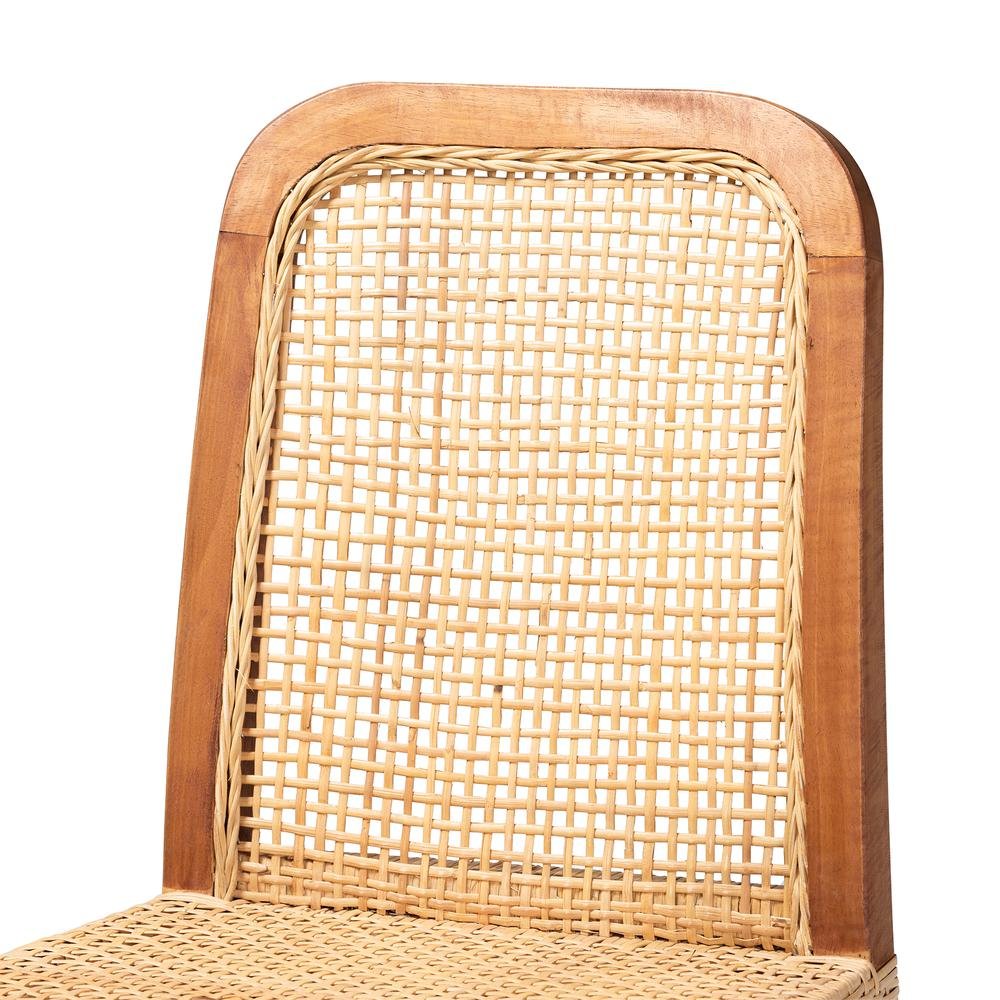Walnut Brown Mahogany Wood and Natural Rattan Counter Stool
