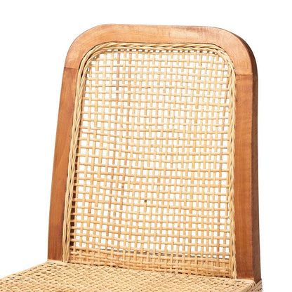 Walnut Brown Mahogany Wood and Natural Rattan Counter Stool