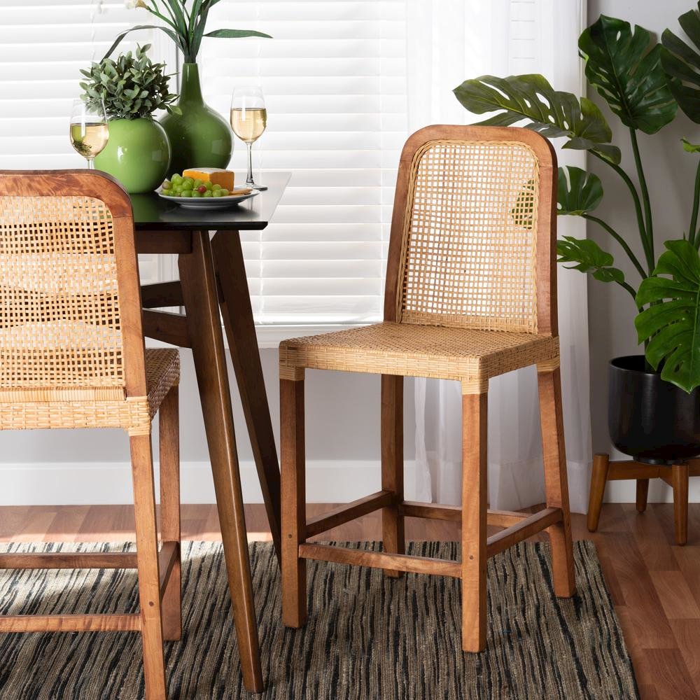 Walnut Brown Mahogany Wood and Natural Rattan Counter Stool