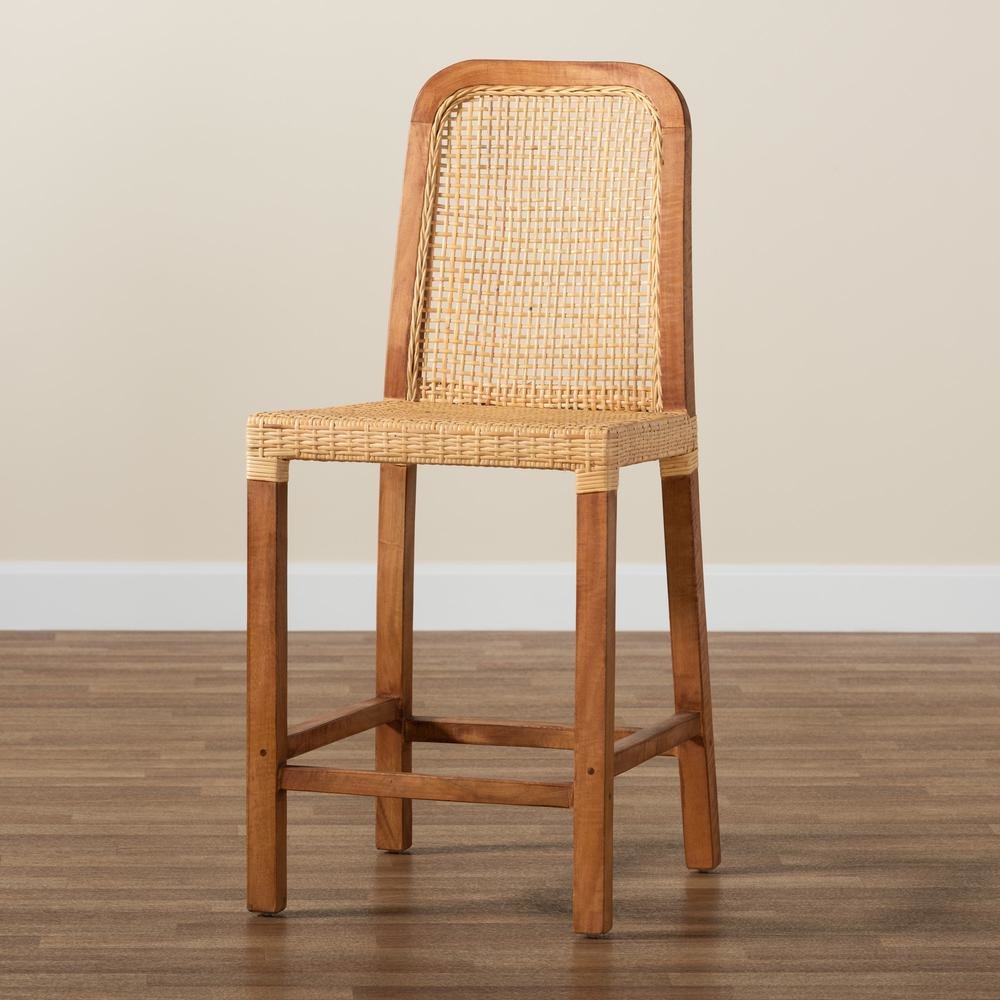 Walnut Brown Mahogany Wood and Natural Rattan Counter Stool