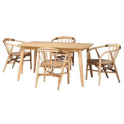 Kyoto Modern Bohemian Natural Brown Finished Wood and Rattan 5-Piece Dining Set