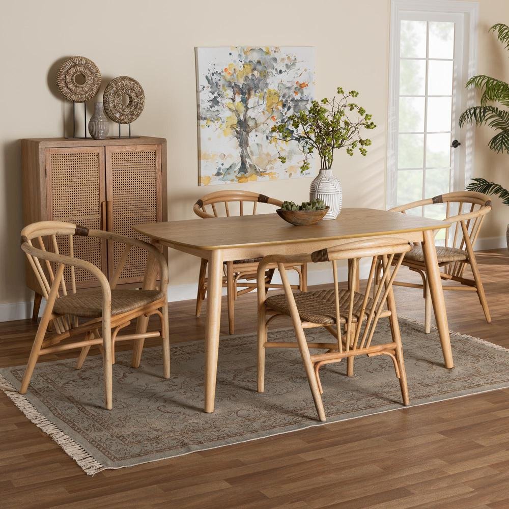 Kyoto Modern Bohemian Natural Brown Finished Wood and Rattan 5-Piece Dining Set