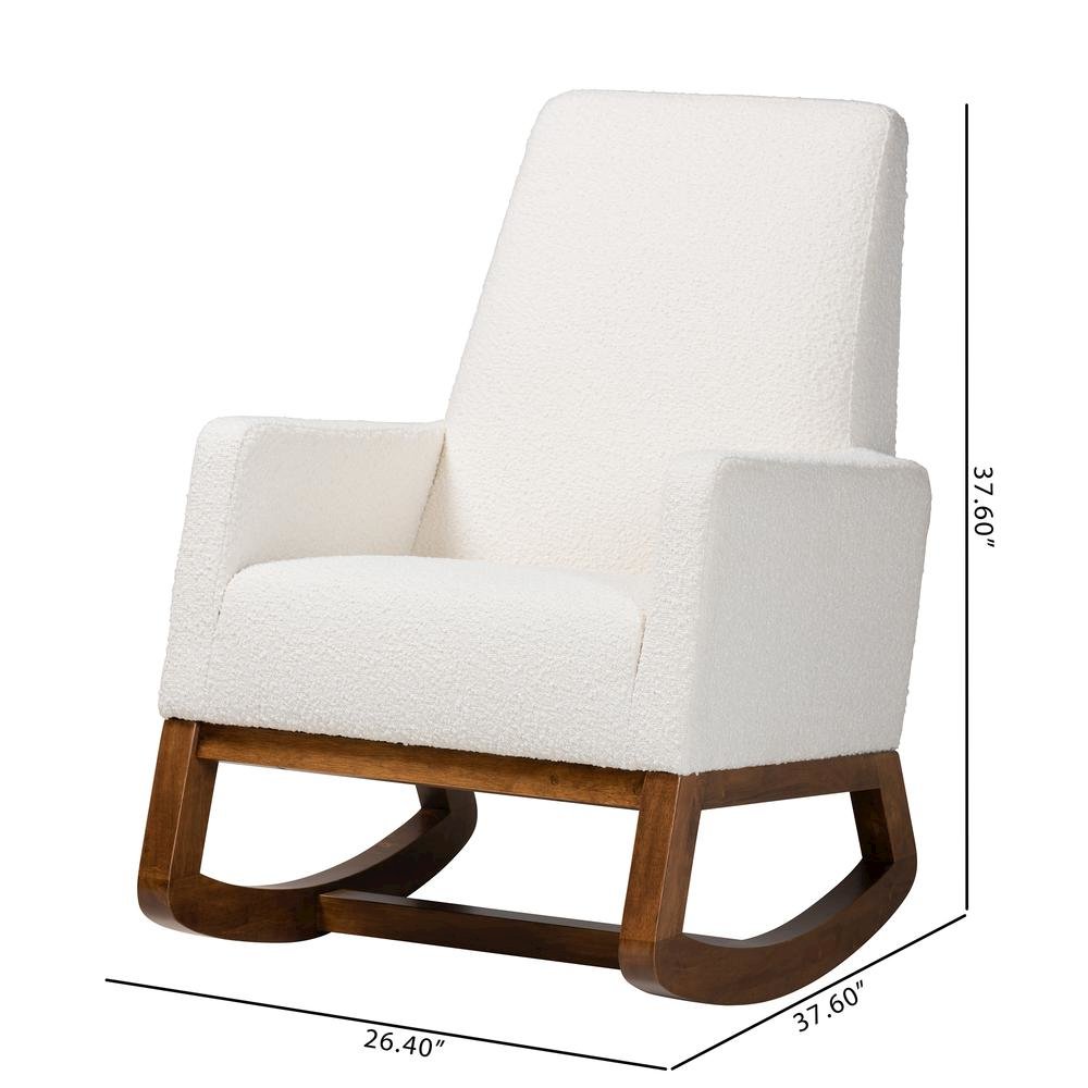 Off-White Boucle Upholstered and Walnut Brown Finished Wood Rocking Chair