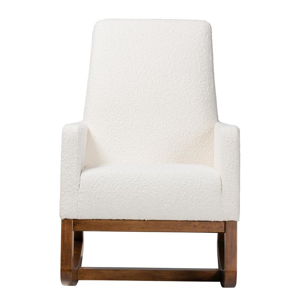 Off-White Boucle Upholstered and Walnut Brown Finished Wood Rocking Chair