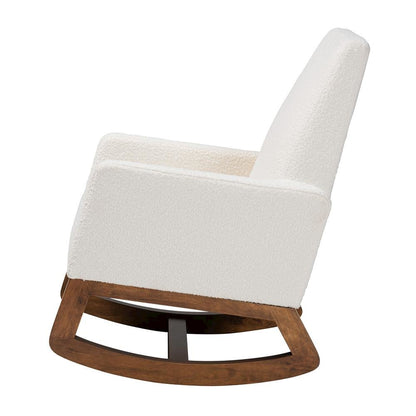 Off-White Boucle Upholstered and Walnut Brown Finished Wood Rocking Chair