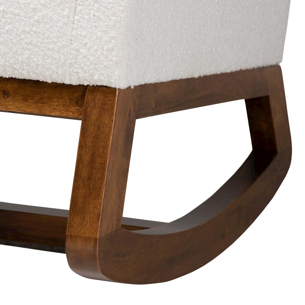 Off-White Boucle Upholstered and Walnut Brown Finished Wood Rocking Chair